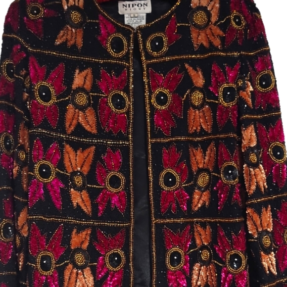 Nipon Night VINTAGE India SILK Beaded SEQUIN Trophy Jacket Collarless - Picture 4 of 6